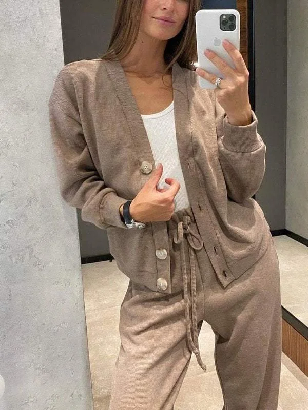 Women's Buckle Plain Daily Going Out Two-Piece Set Khaki Casual Spring/Fall Top With Pants Matching Set