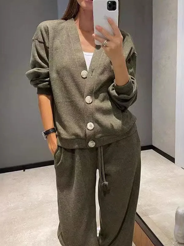 Women's Buckle Plain Daily Going Out Two-Piece Set Khaki Casual Spring/Fall Top With Pants Matching Set
