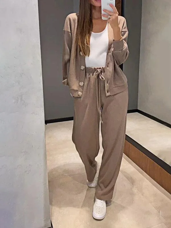 Women's Buckle Plain Daily Going Out Two-Piece Set Khaki Casual Spring/Fall Top With Pants Matching Set