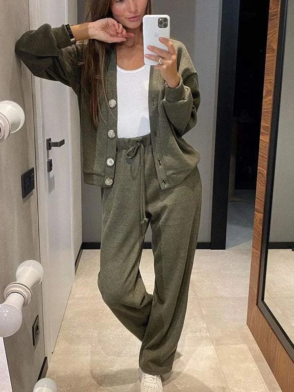 Women's Buckle Plain Daily Going Out Two-Piece Set Khaki Casual Spring/Fall Top With Pants Matching Set