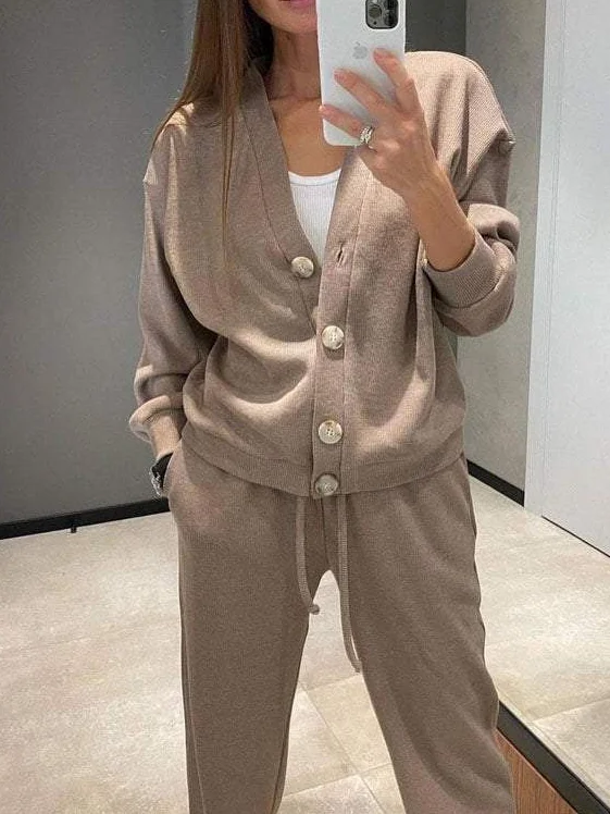 Women's Buckle Plain Daily Going Out Two-Piece Set Khaki Casual Spring/Fall Top With Pants Matching Set