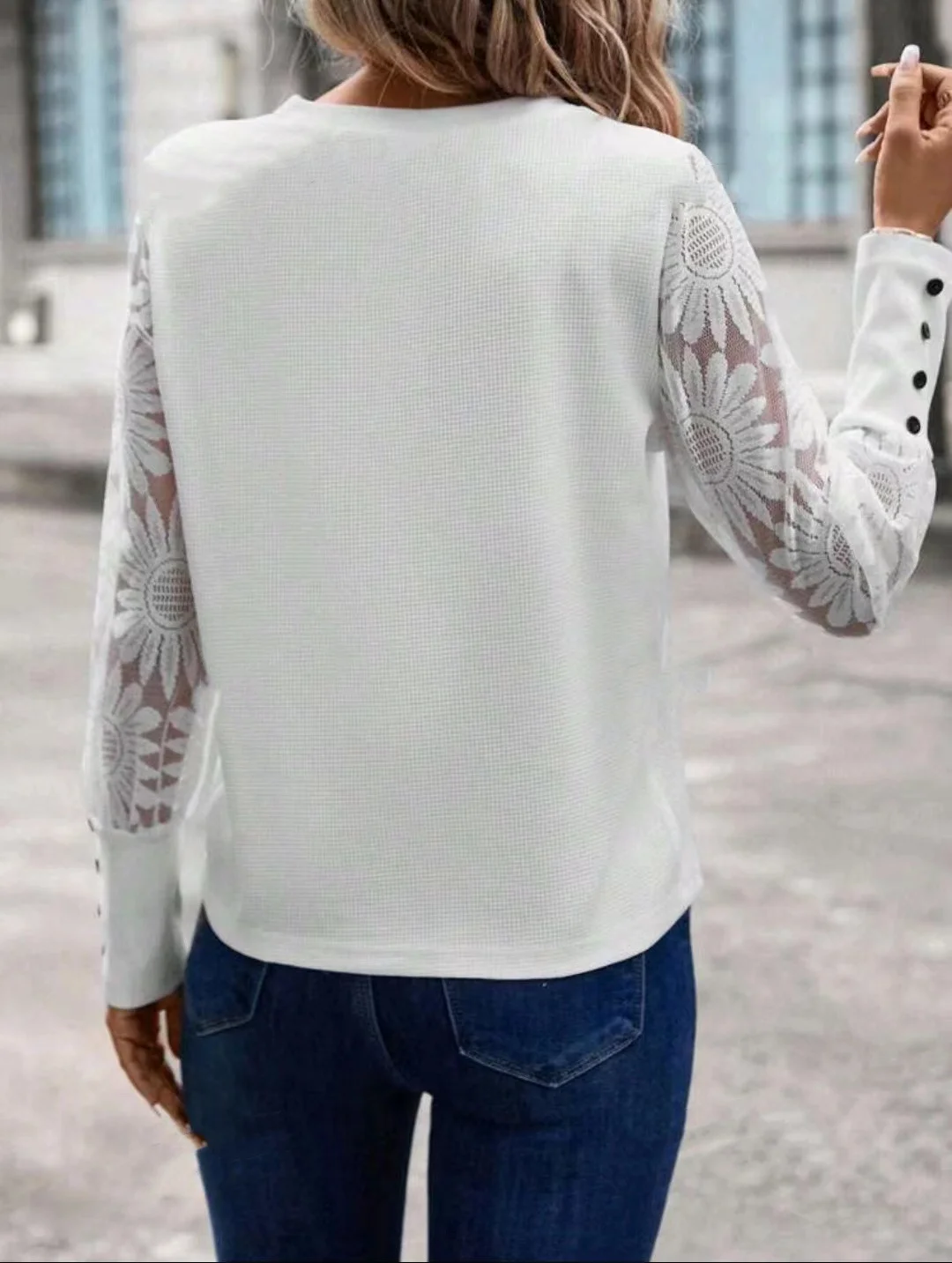 Solid color long sleeve embroidered lace patchwork waffle round neck top