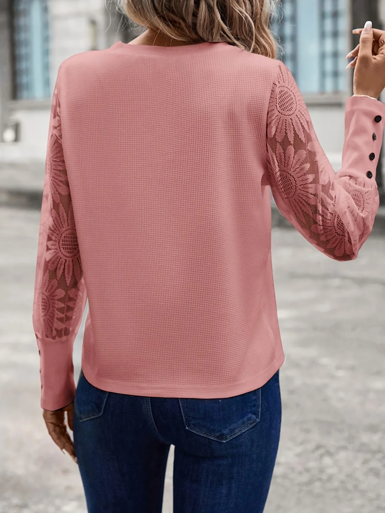 Solid color long sleeve embroidered lace patchwork waffle round neck top