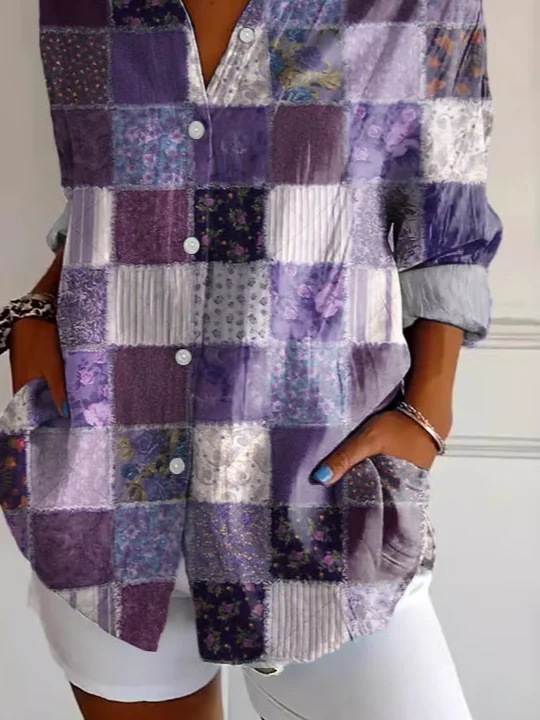 Women's Long Sleeve Shirt Spring/Fall Purple Floral Buckle Shirt Collar Regular Sleeve Daily Going Out Casual Top
