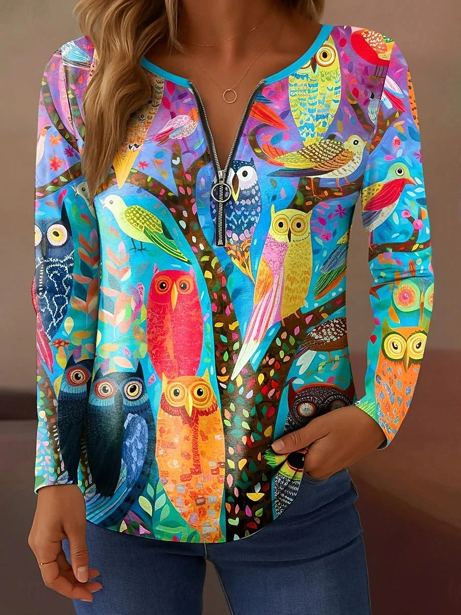 Women's Owl Graphic T-Shirt Elegant Vintage Fashion Long Sleeve V-Neck Regular Top Zipper Print Spring Autumn