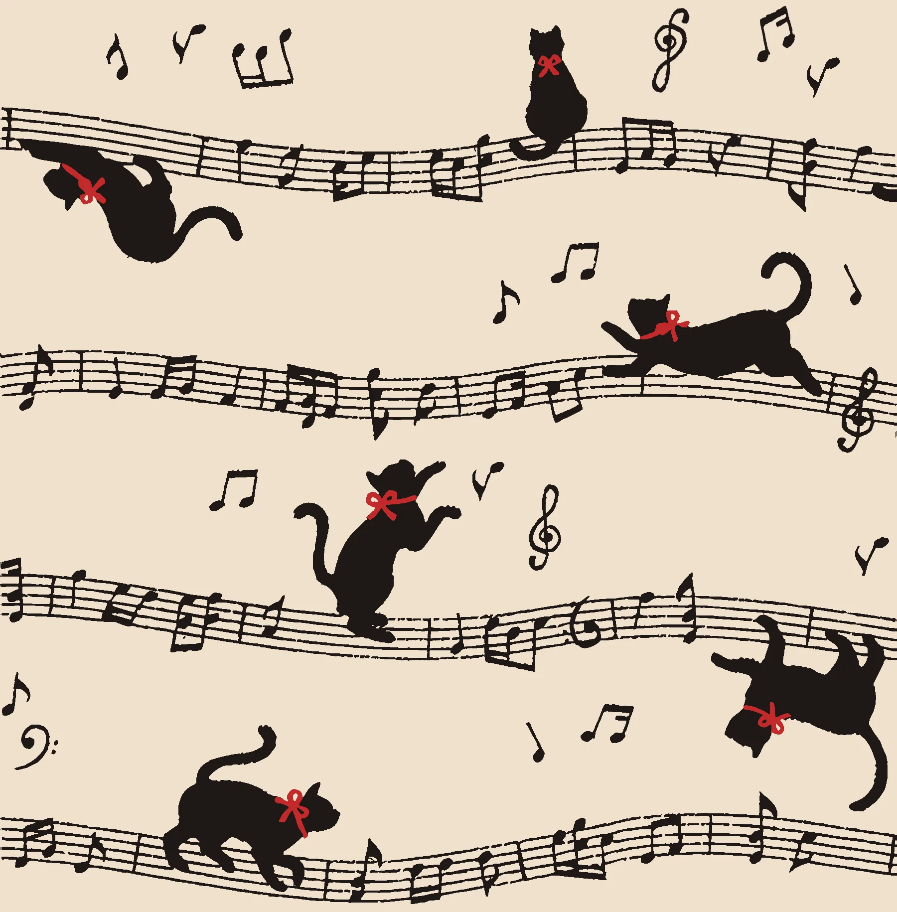 Women's Cat and Music Notes Art Print Vintage T-Shirt