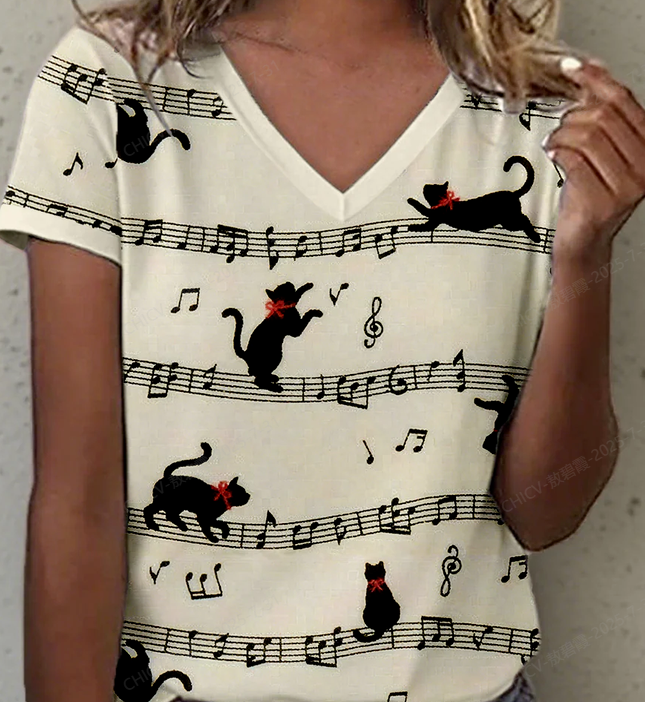Women's Cat and Music Notes Art Print Vintage T-Shirt