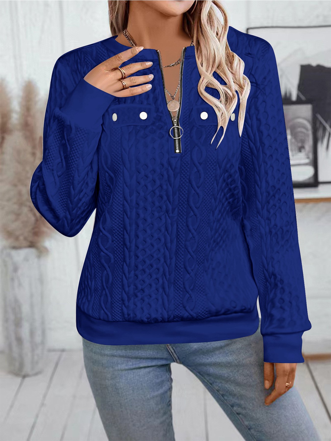 Plain V Neck Regular Fit Casual Sweatshirt
