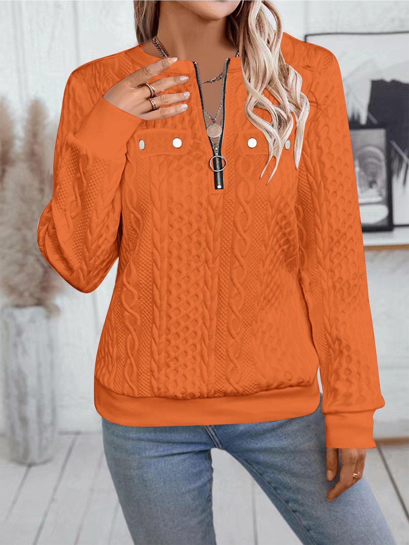 Plain V Neck Regular Fit Casual Sweatshirt