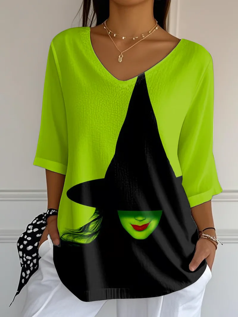 Women's Halloween Print Casual V-Neck T-Shirt