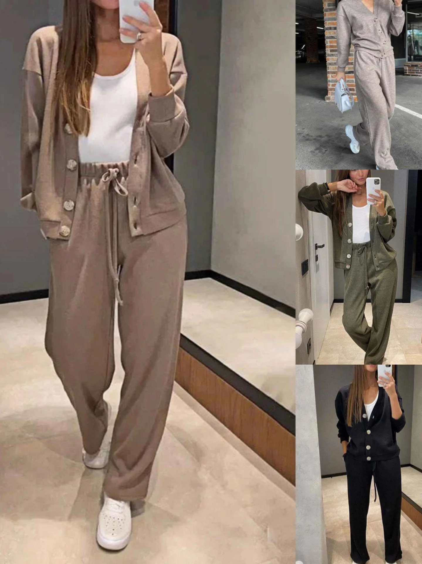 Women's Buckle Plain Daily Going Out Two-Piece Set Khaki Casual Spring/Fall Top With Pants Matching Set