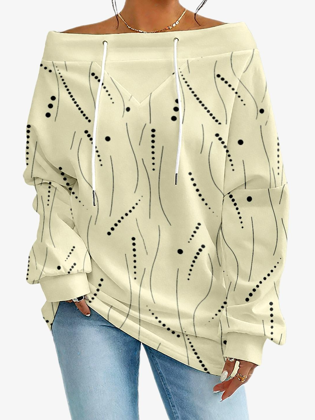 Women's Sweatshirt With Striped Polka Dot Pattern Fashionable And Everyday Off-The-Shoulder Drawstring Top