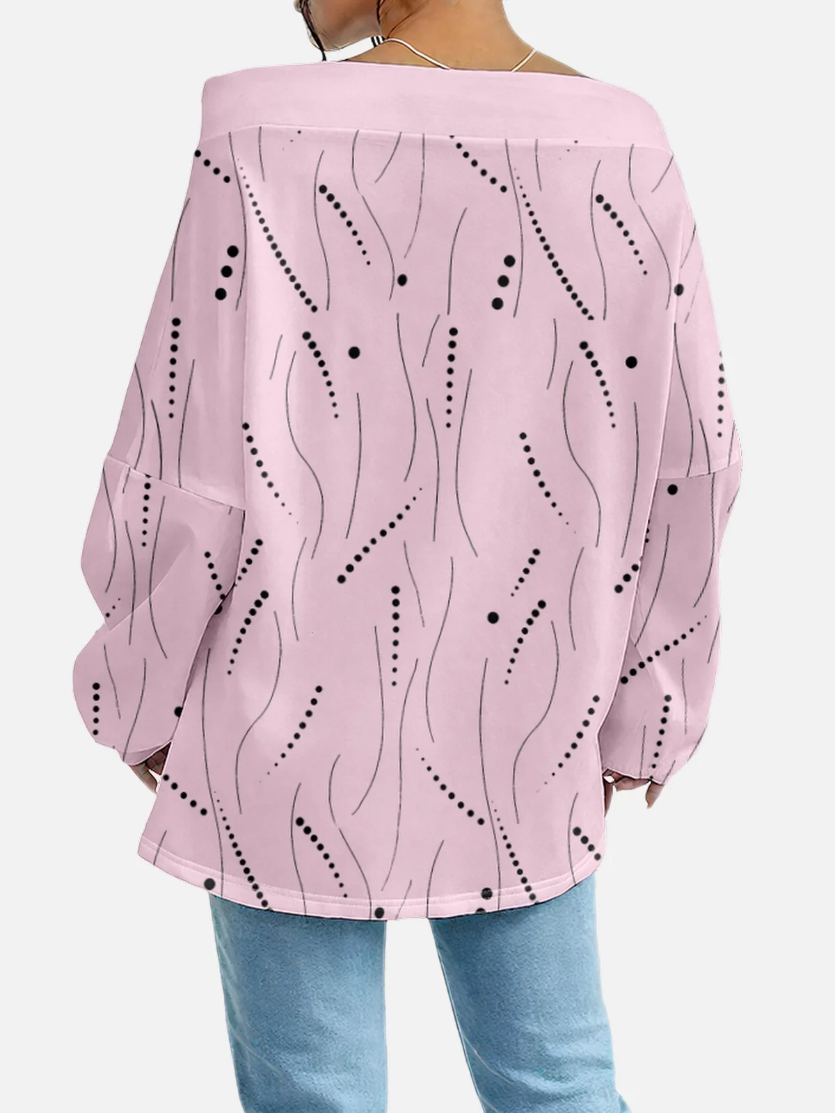 Women's Sweatshirt With Striped Polka Dot Pattern Fashionable And Everyday Off-The-Shoulder Drawstring Top