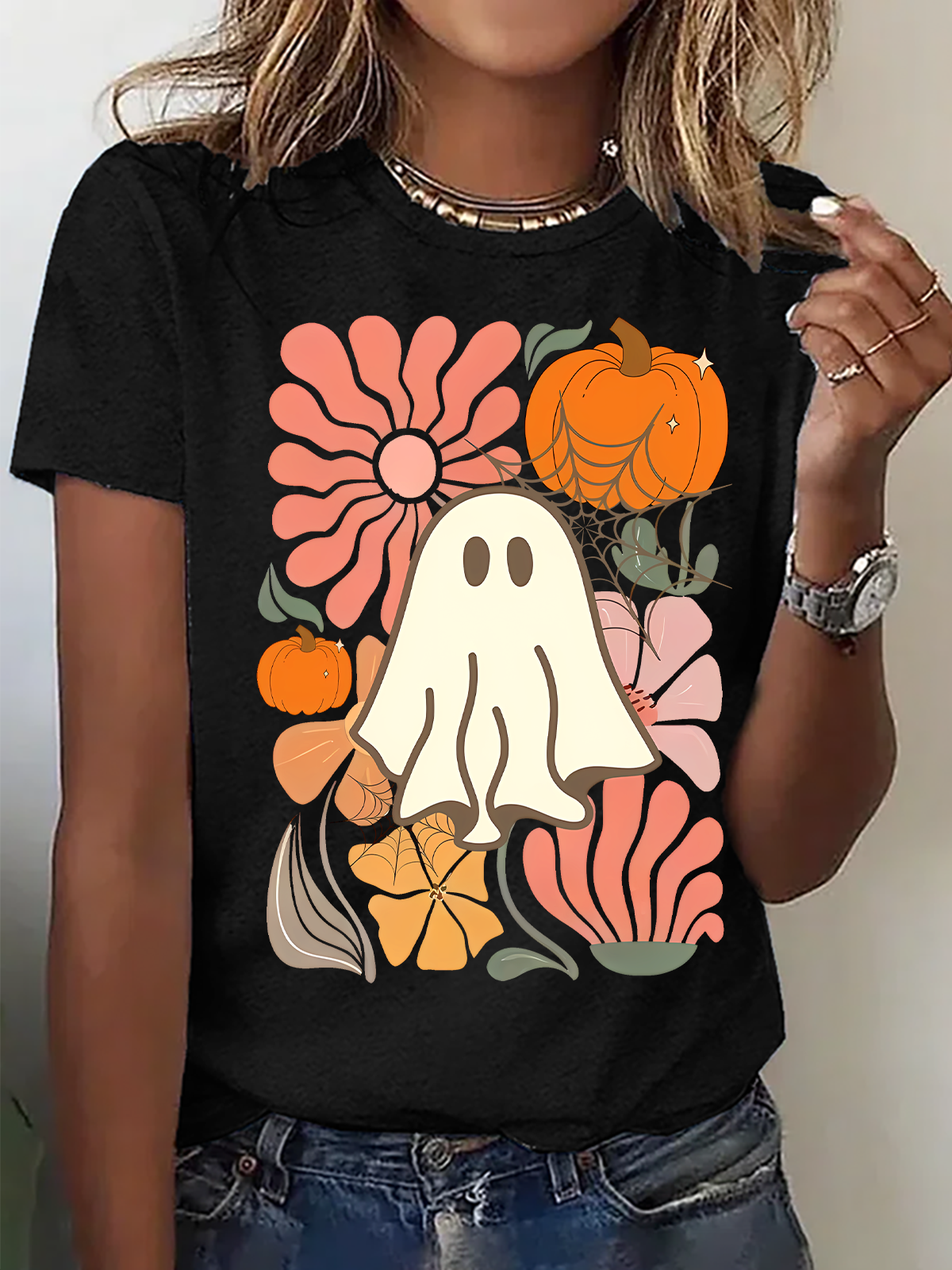 Women's Floral Ghost Halloween，Pumpkin Fall Tee, Boho Spooky Season Shirt