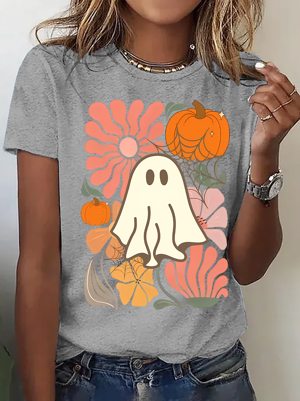 Women's Floral Ghost Halloween，Pumpkin Fall Tee, Boho Spooky Season Shirt