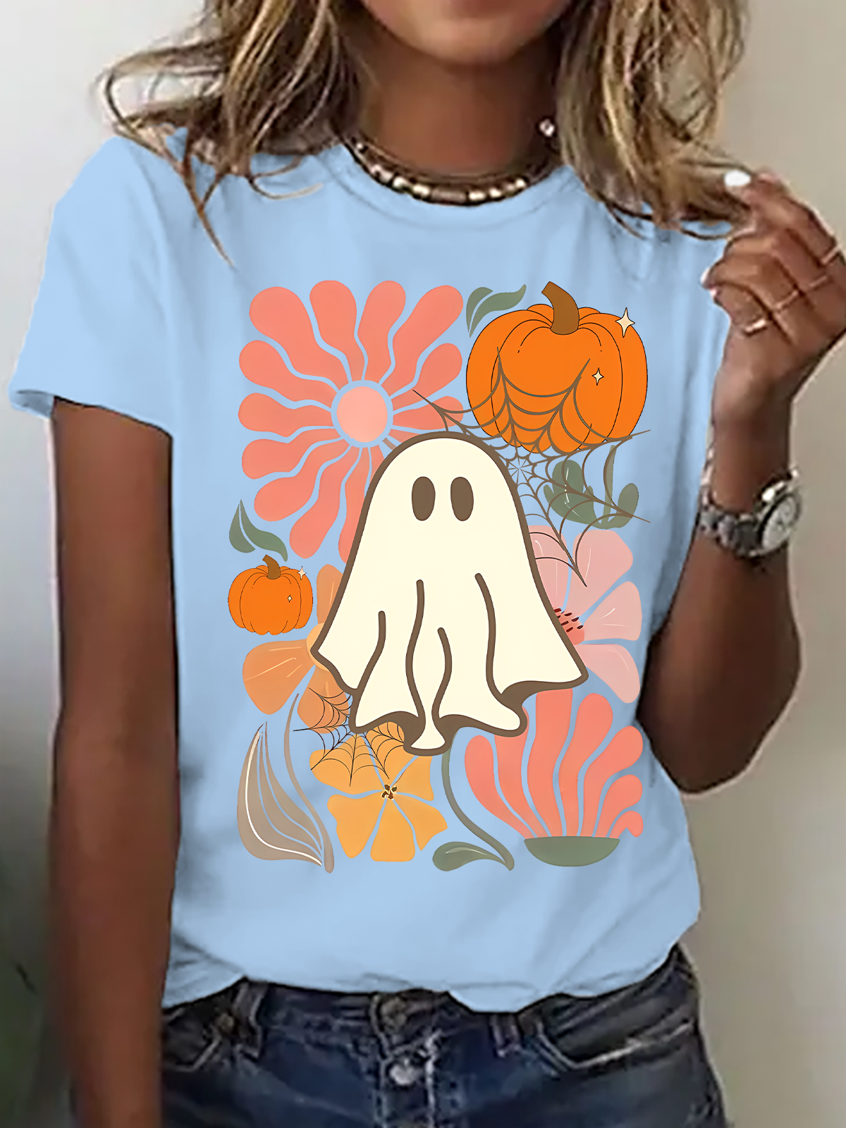 Women's Floral Ghost Halloween，Pumpkin Fall Tee, Boho Spooky Season Shirt