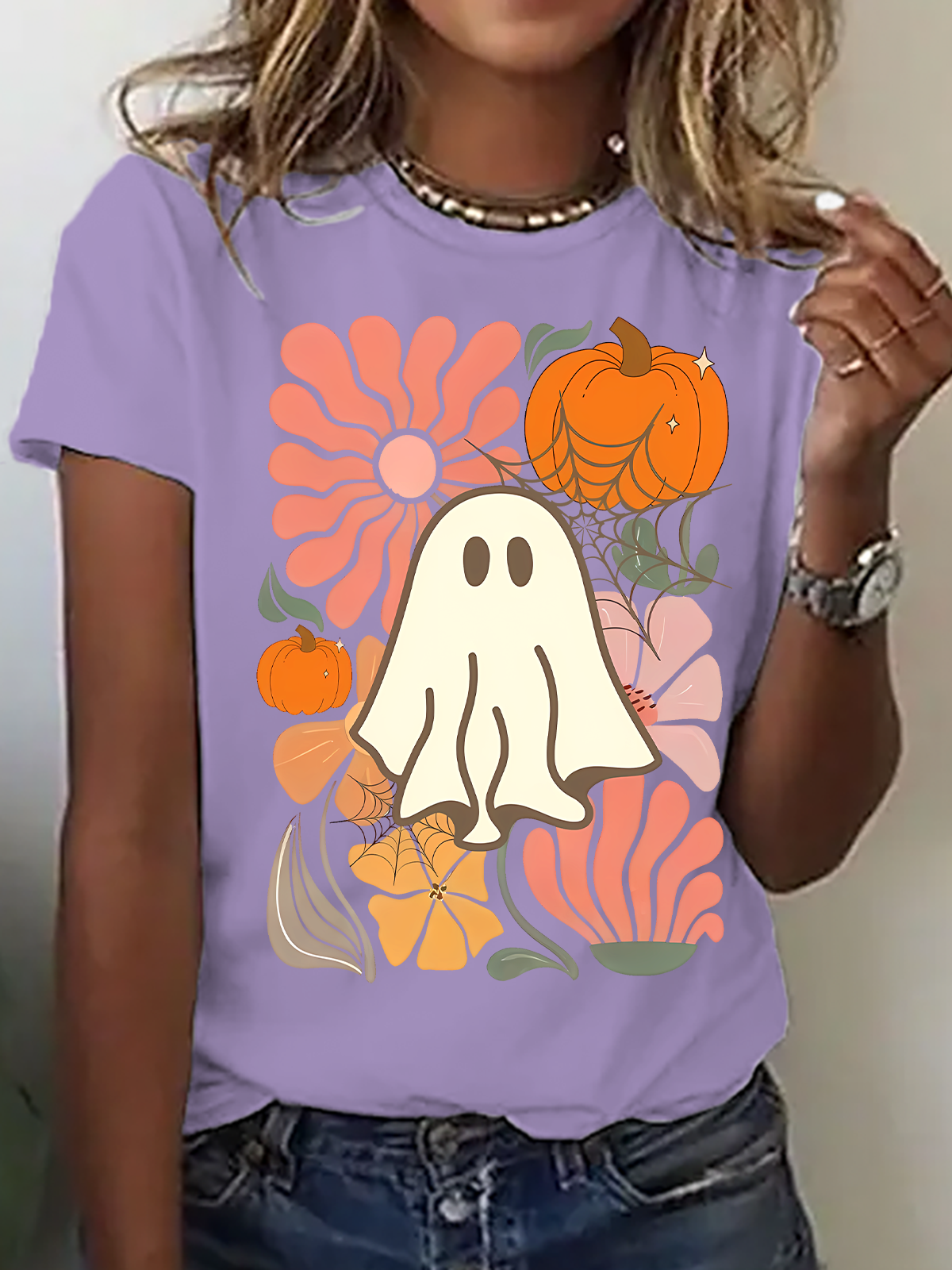 Women's Floral Ghost Halloween，Pumpkin Fall Tee, Boho Spooky Season Shirt