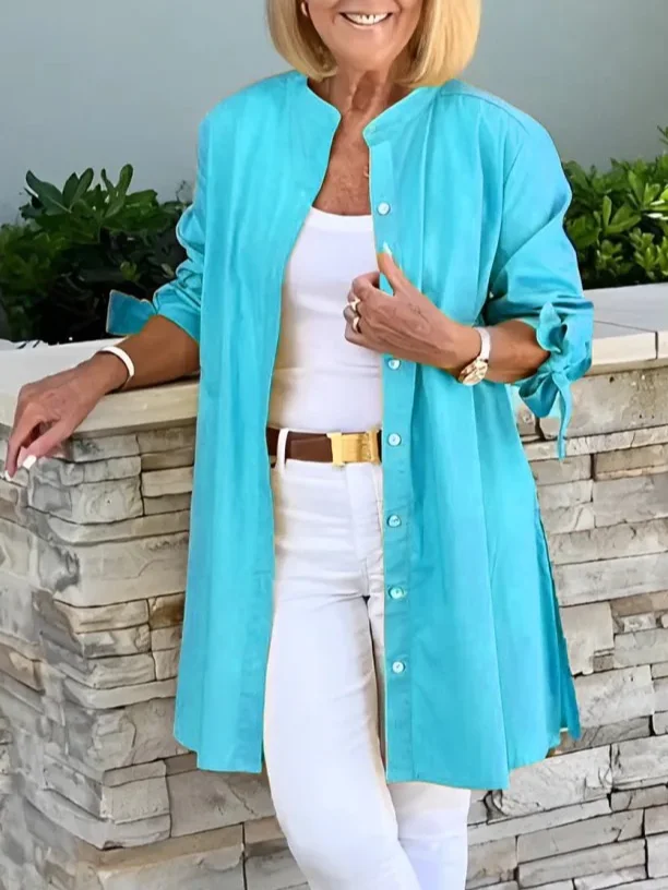 Women's Shirt Jacket Single-Breasted Temperament Commuting Solid Color Long-Sleeved Cotton Cardigan