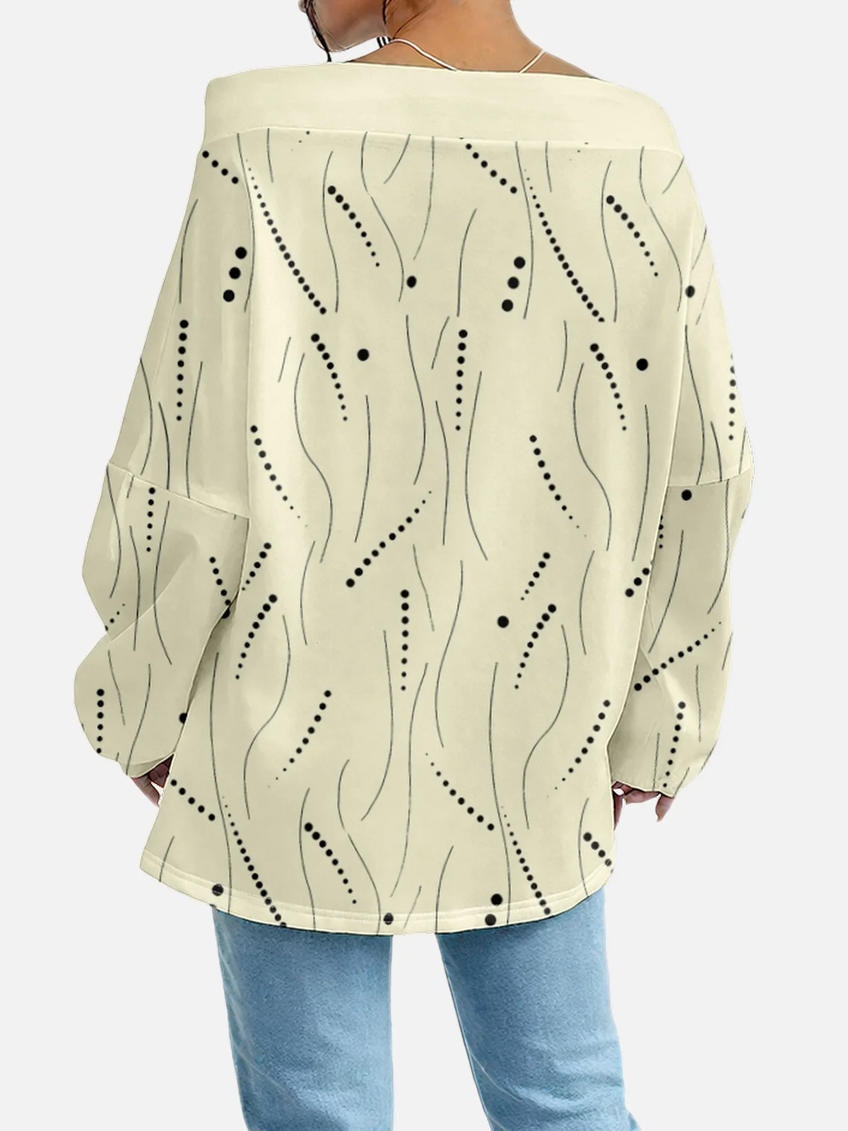 Women's Sweatshirt With Striped Polka Dot Pattern Fashionable And Everyday Off-The-Shoulder Drawstring Top