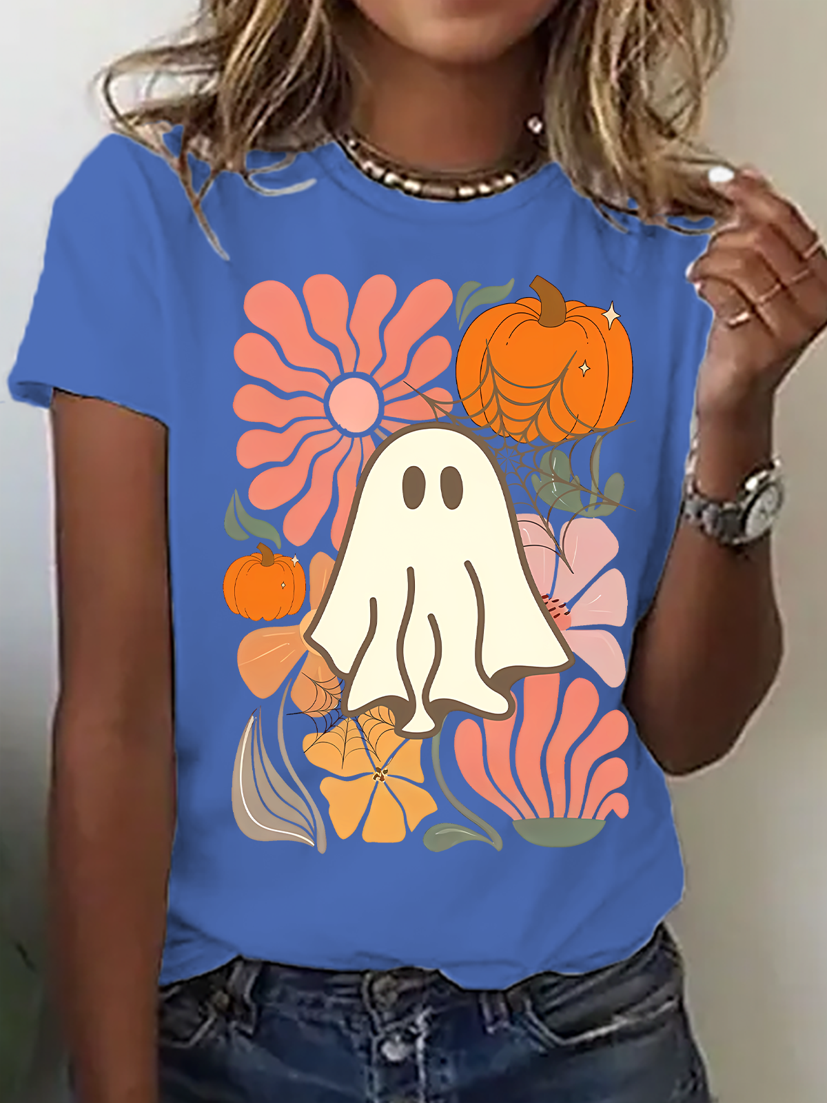 Women's Floral Ghost Halloween，Pumpkin Fall Tee, Boho Spooky Season Shirt