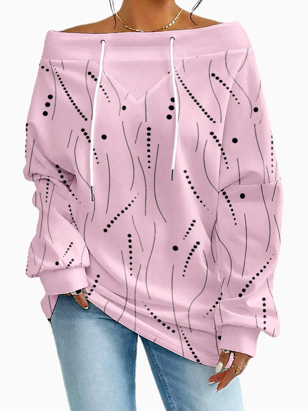 Women's Sweatshirt With Striped Polka Dot Pattern Fashionable And Everyday Off-The-Shoulder Drawstring Top