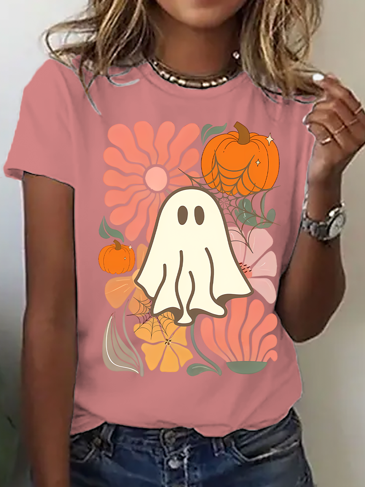 Women's Floral Ghost Halloween，Pumpkin Fall Tee, Boho Spooky Season Shirt