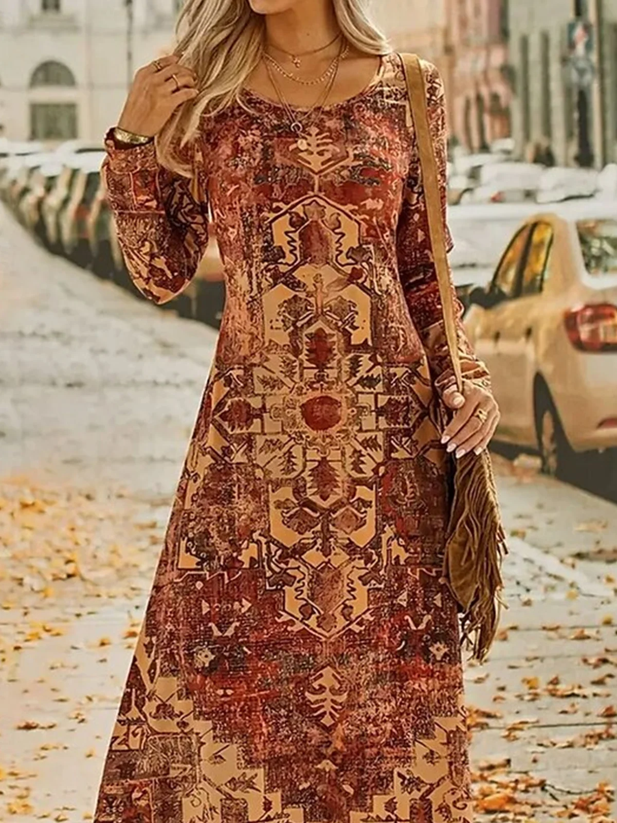 Casual Ethnic Crew Neck Dress With No