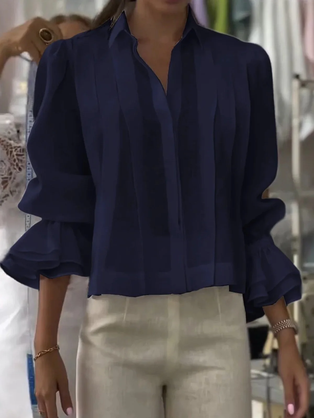 Women Casual Plain Spring/Fall Polyester Daily Regular H-Line Regular Shirt Collar Shirts