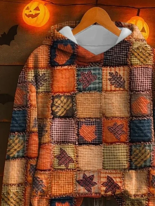Women's Halloween Autumn Maple Leaf Print Casual Long Sleeve Hooded Sweatshirt