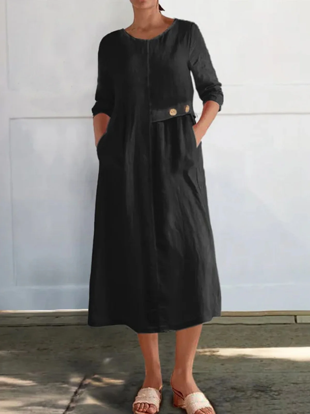 Casual Plain Buttoned Crew Neck Midi Dress