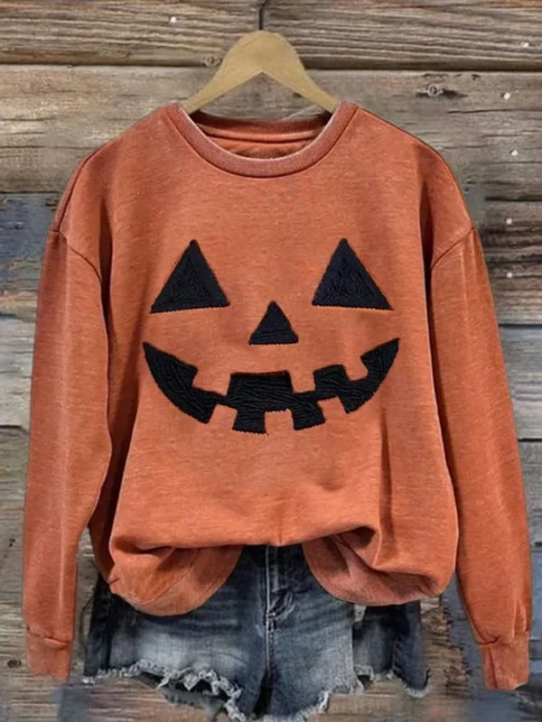 Women's Halloween Pumpkin Print Casual Long Sleeve Crew Neck Sweatshirt