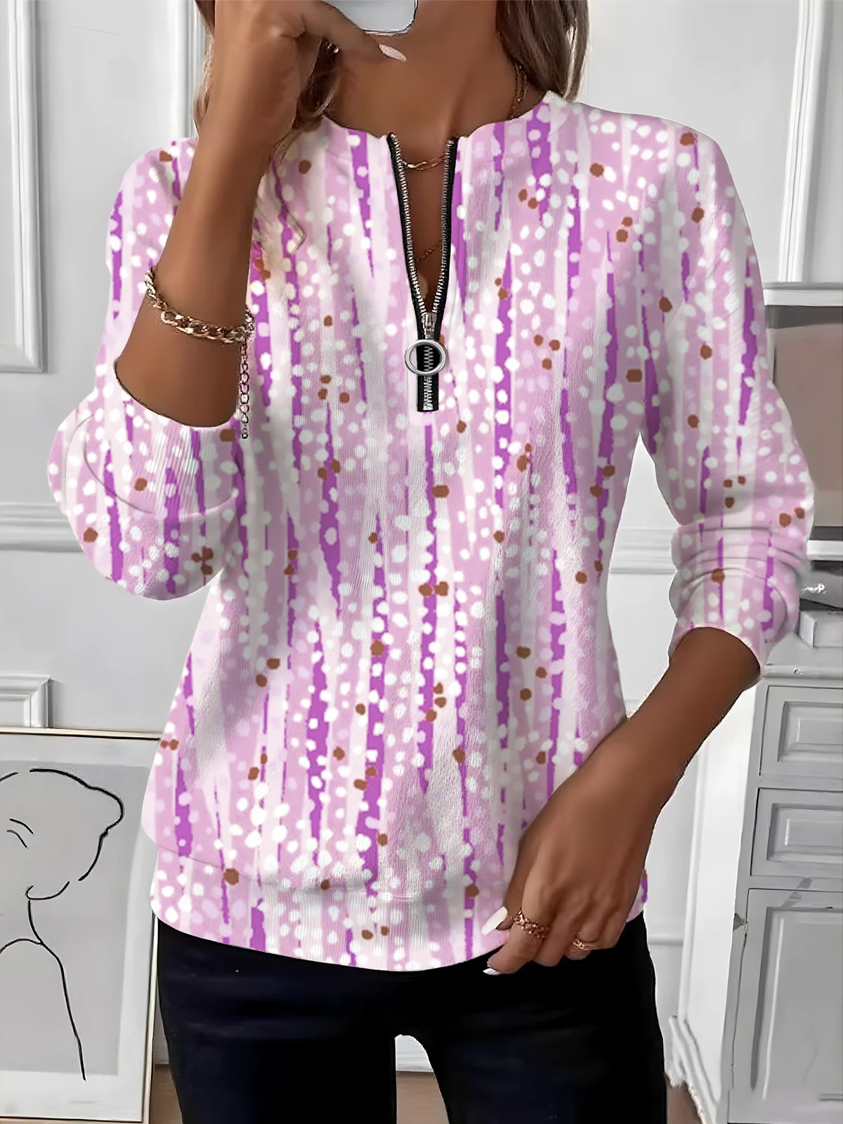 Women's Retro Polka Dot Design Everyday Long Sleeve Center Front Zip Sweatshirt