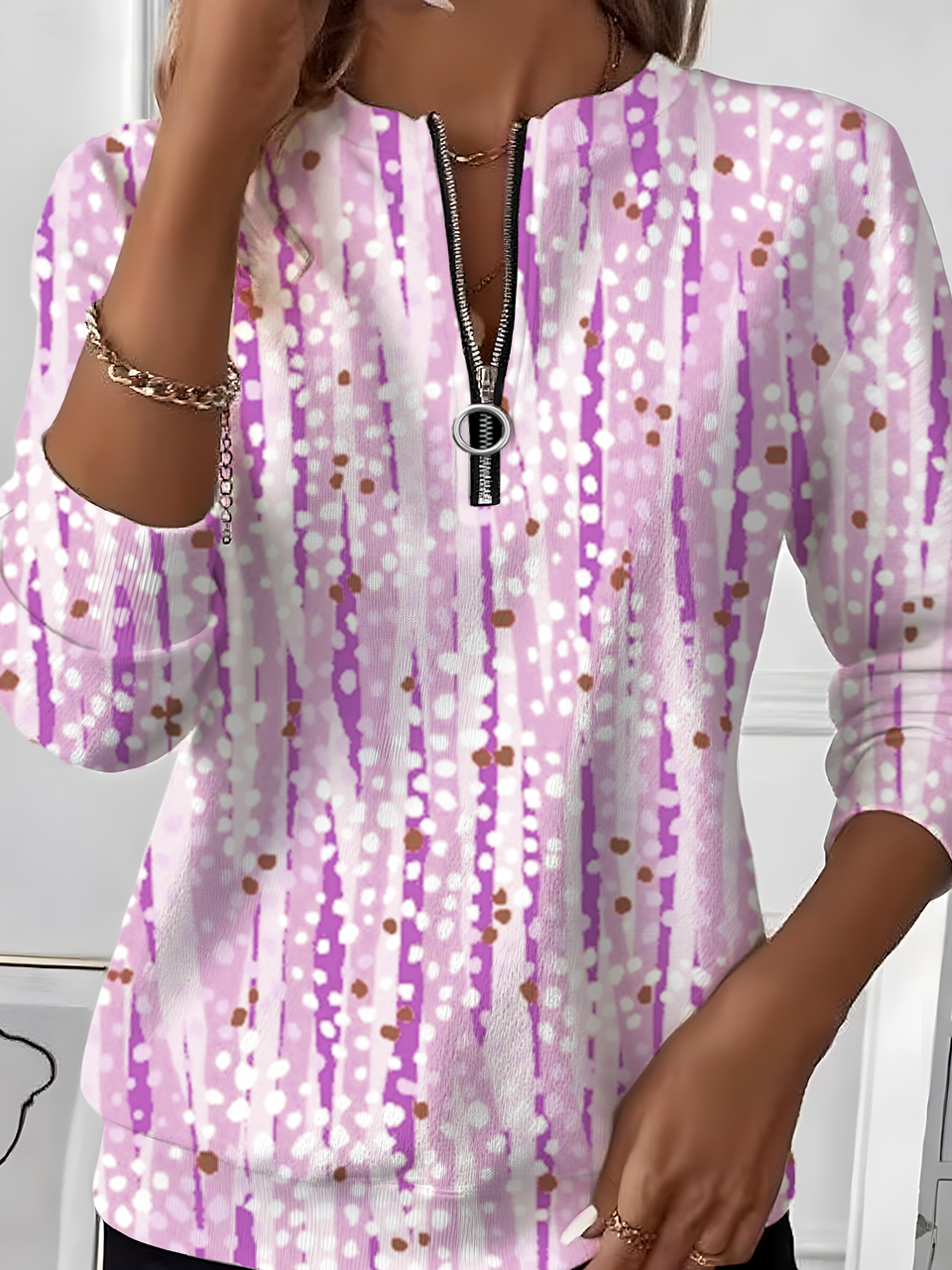 Women's Retro Polka Dot Design Everyday Long Sleeve Center Front Zip Sweatshirt