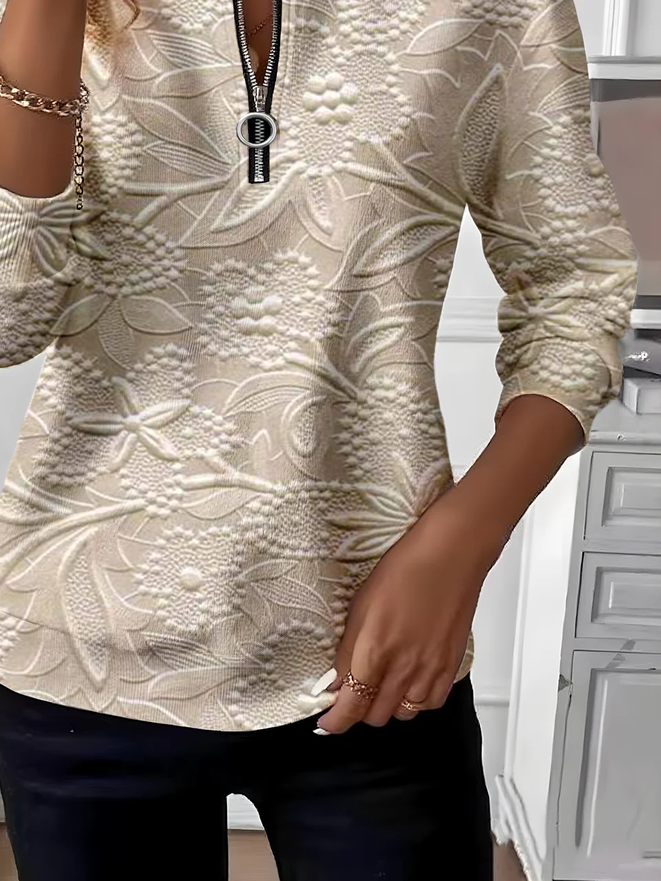 Women's Artistic Floral Design Everyday Long Sleeve Center Front Zip Sweatshirt