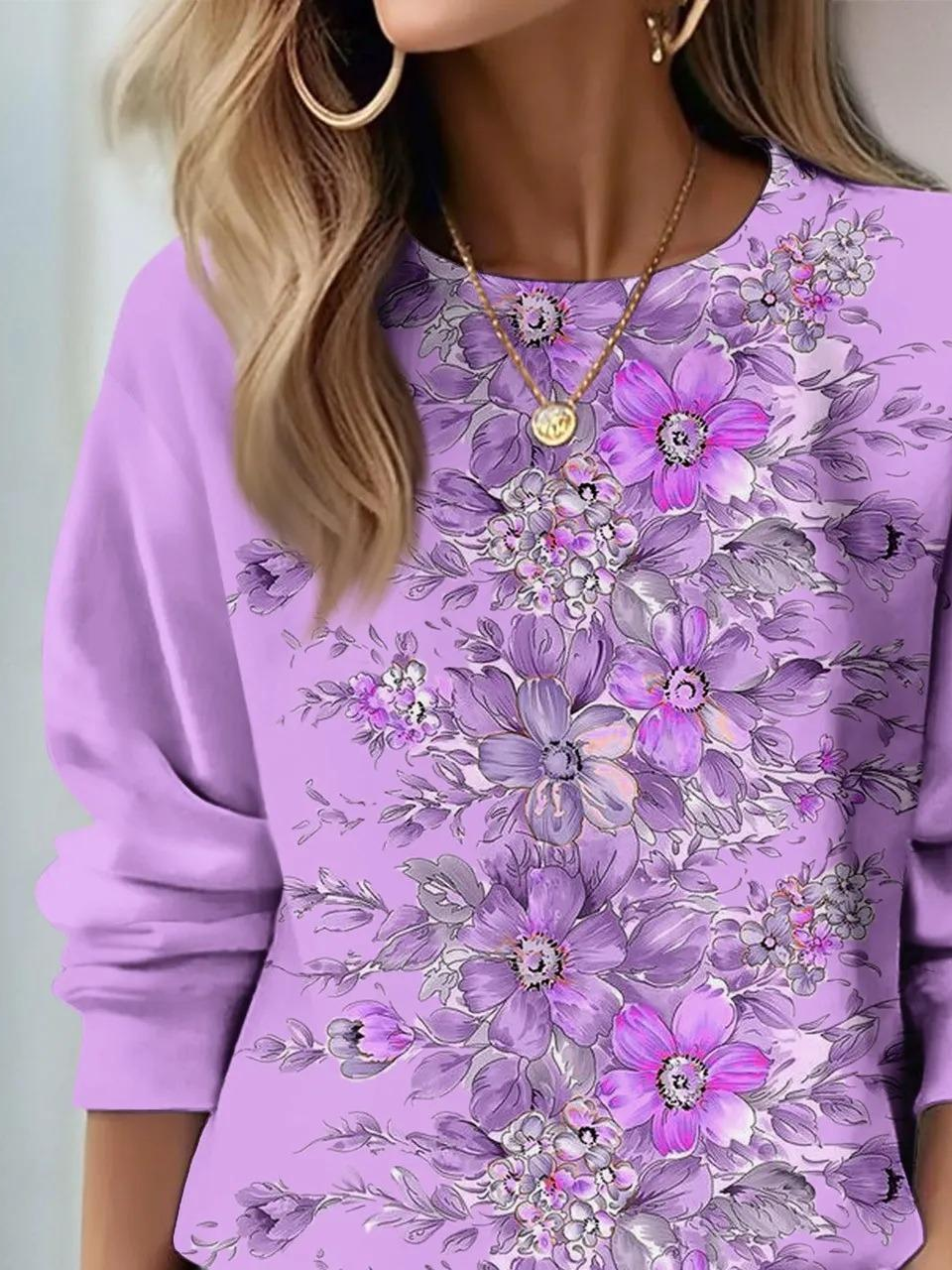 Women's Floral Print Casual Crew Neck Long Sleeve Sweatshirt