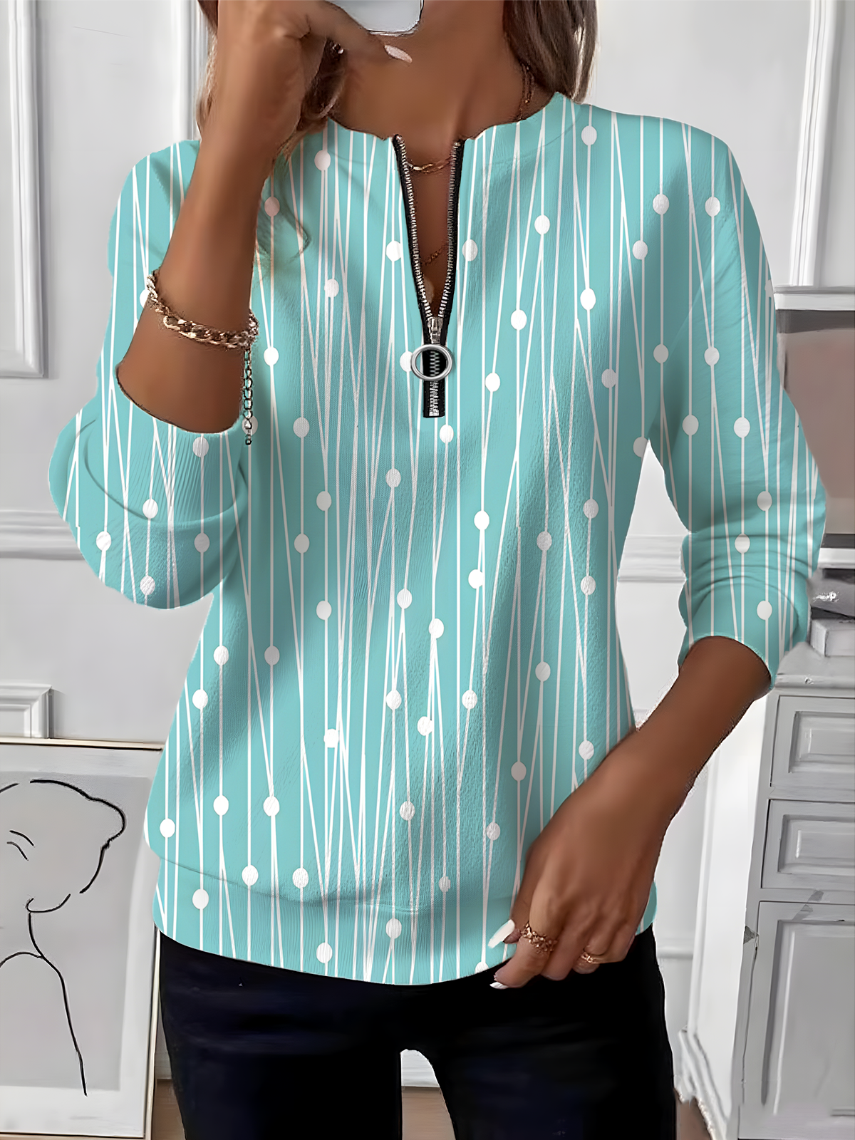 Women's Retro Polka Dot Design Everyday Long Sleeve Center Front Zip Sweatshirt