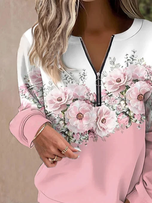 Women's Floral Print Casual Long Sleeve Zipper Sweatshirt