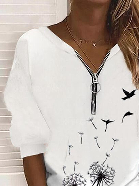 Women's Floral Print Casual Long Sleeve Zipper Sweatshirt