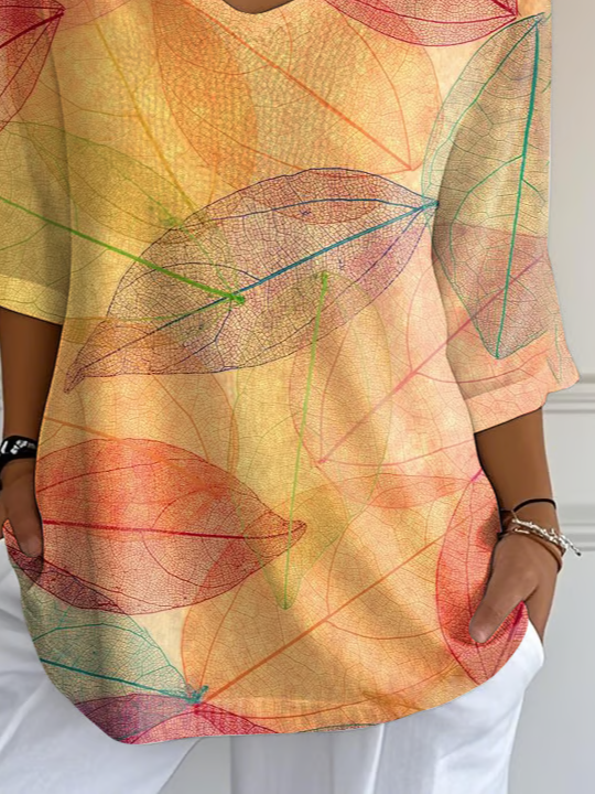Women's Three Quarter Sleeve T-shirt Spring/Fall Orange Leaf Printing V Neck Daily Going Out Casual Top