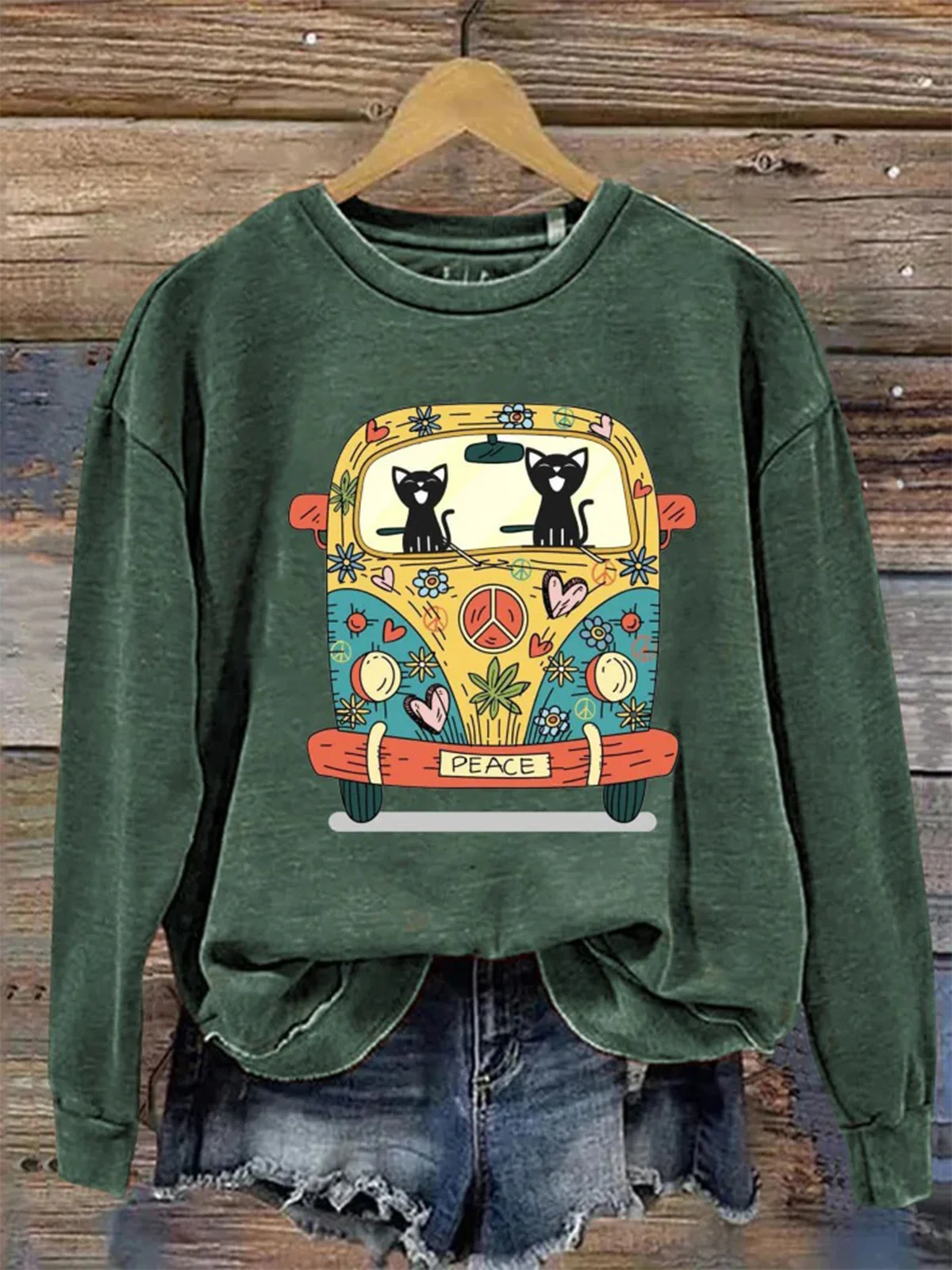 Peace Cat Bus Print Casual Sweatshirt