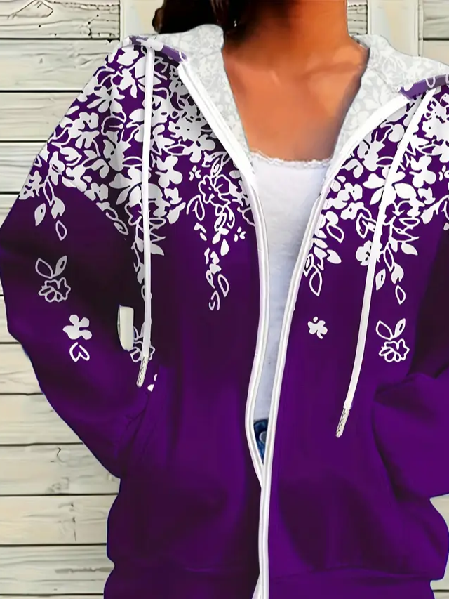 Women's Floral Print Casual Long Sleeve Zipper Hooded Sweatshirt Jacket