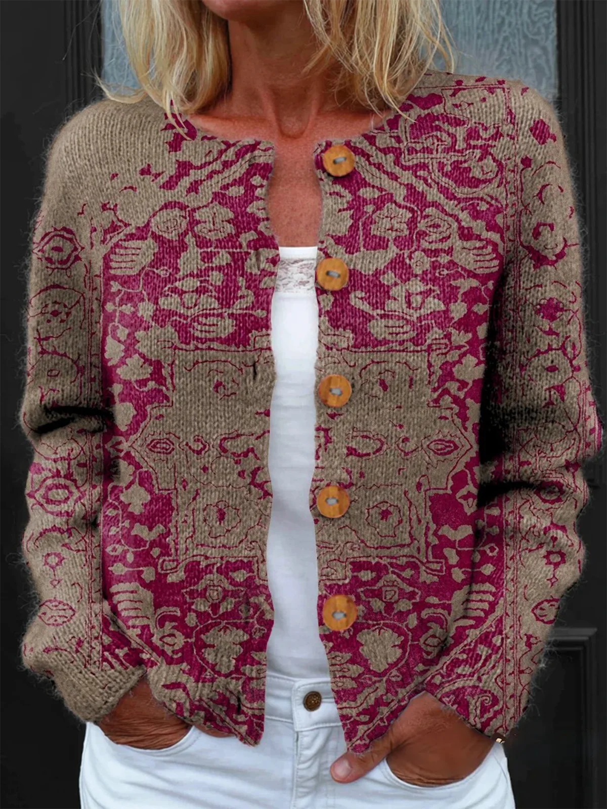 Women's Retro Ethnic Totem Art Print Buttoned Cardigan Sweater