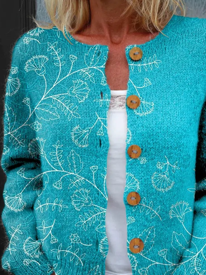 Women's Floral Pattern Art Print Button Cardigan Sweater