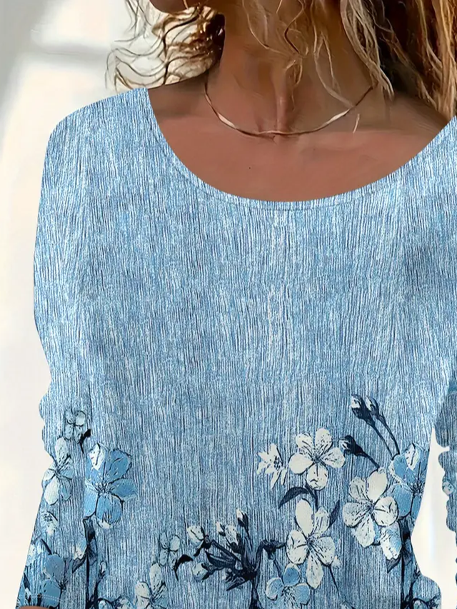 Women's Long Sleeve T-shirt Spring/Fall Blue Floral Printing Jersey Crew Neck Daily Going Out Casual Top
