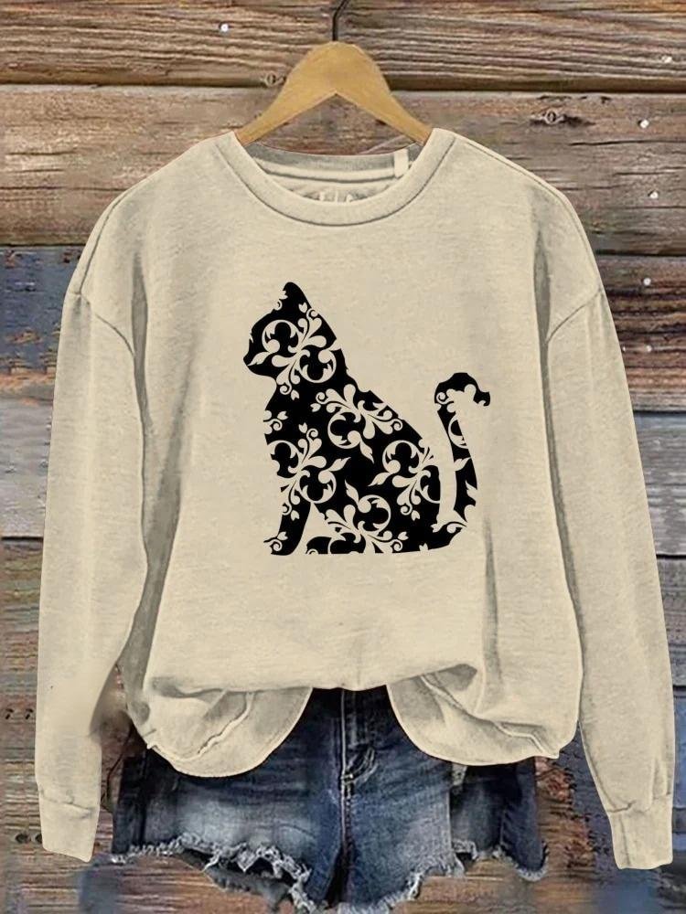 Cat Flower Print Casual Sweatshirt