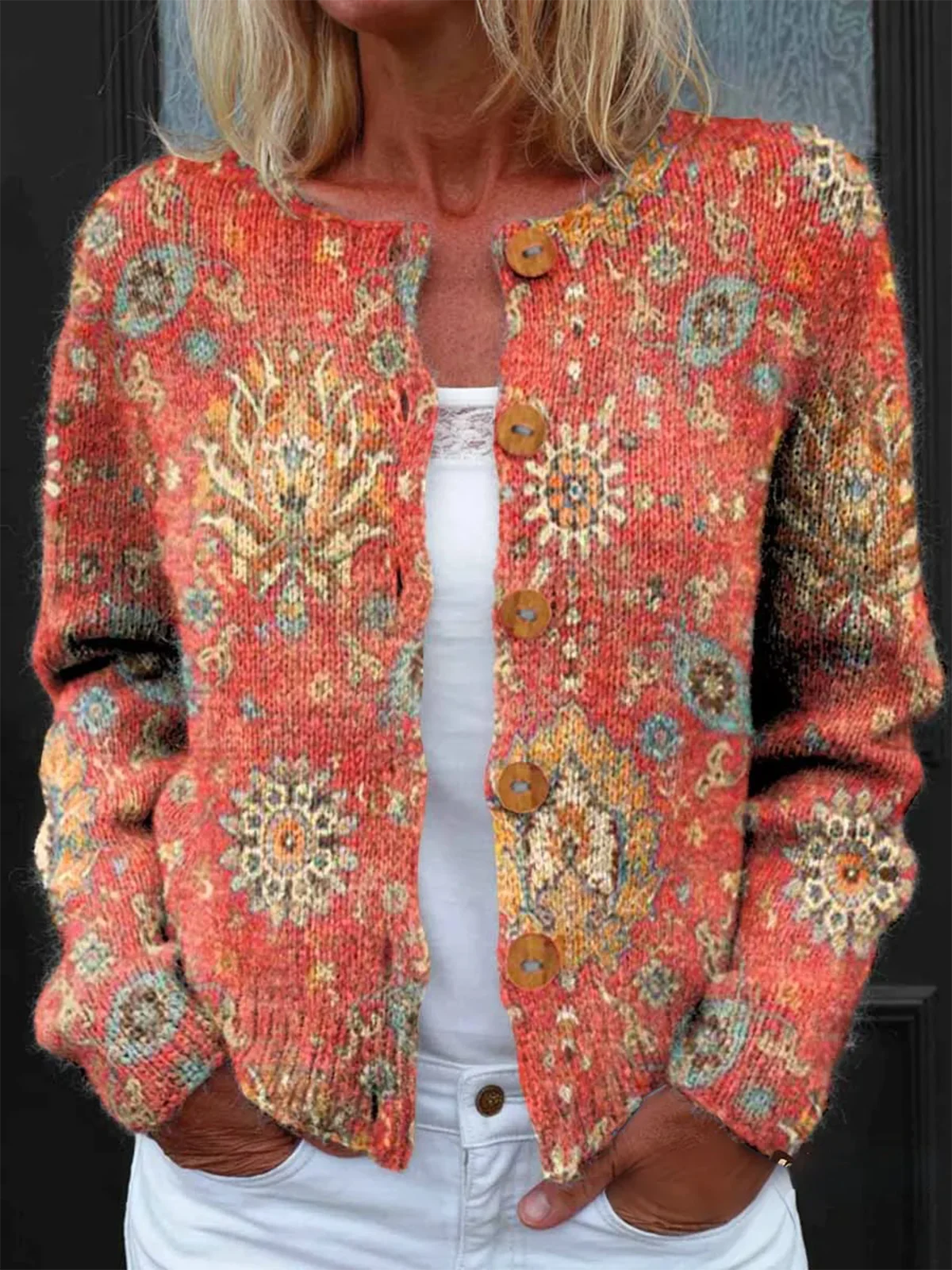 Women's Retro Ethnic Totem Art Print Buttoned Cardigan Sweater