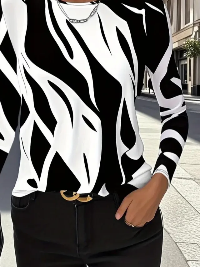 Women's Long Sleeve T-shirt Spring/Fall Black-white Abstract Printing Jersey Crew Neck Daily Going Out Casual Top