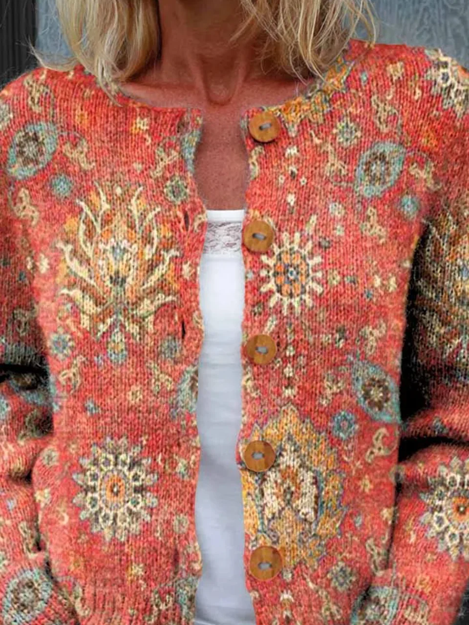 Women's Retro Ethnic Totem Art Print Buttoned Cardigan Sweater