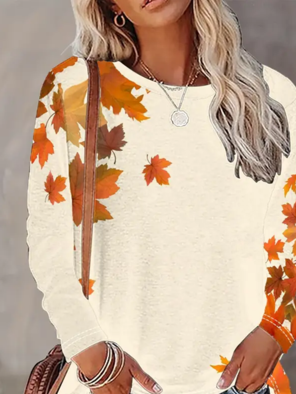 Women's Long Sleeve T-shirt Spring/Fall Apricot Maple Leaf Printing Jersey Crew Neck Daily Going Out Casual Top