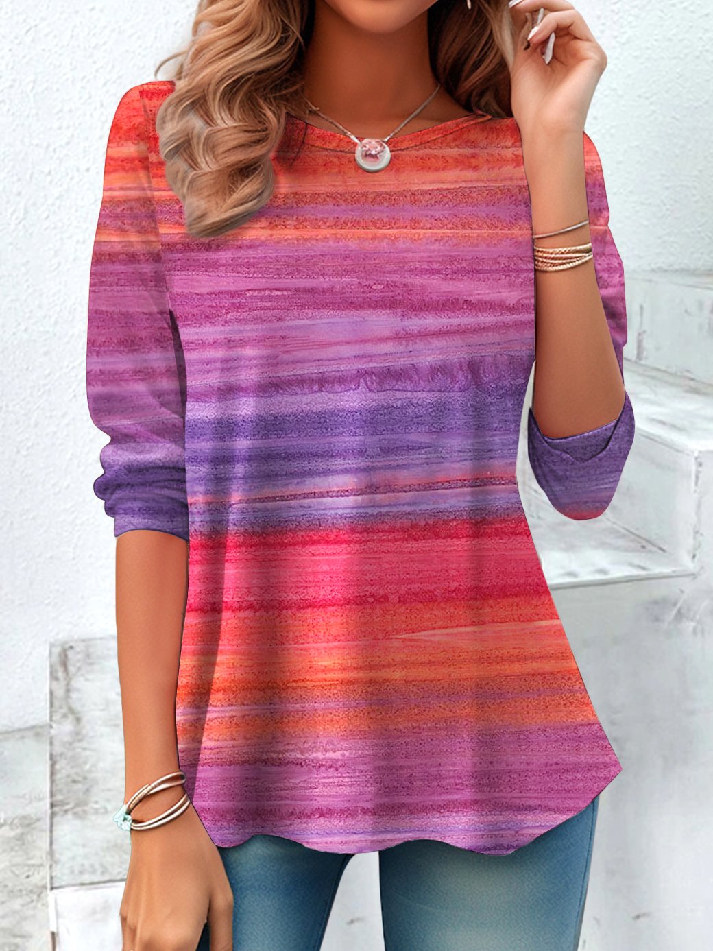 Regular Fit Crew Neck Casual Ombre T-Shirt